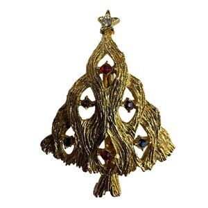 Vintage Unknown Gold Tone Jewelry Christmas Tree Brooch Multi-Color Rhinestones